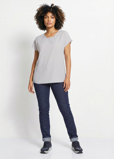 Top long manches courtes broderies col rond Argent