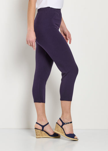 Legging court taille élastiquée coton Uni Prune