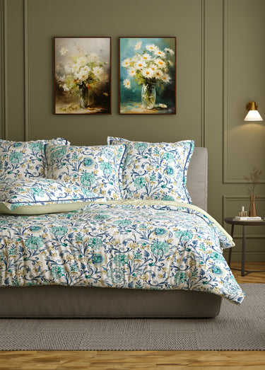Parure de lit 4 pièces avec drap plat, camélias Bleu