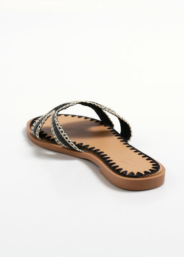 Sandales mules plates ethniques en paille Noir