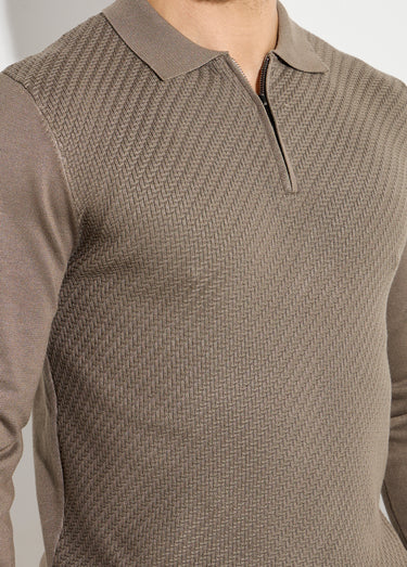 Pull col polo zippé, maille chevrons Vert Sauge