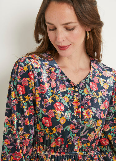 Robe courte velours ras fleuri col V évasée Marine/Rose