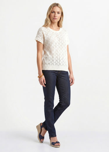 Pull coton court col rond ajouré effet crochet Ecru