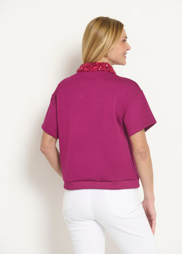Blouse col pailleté sequins manches courtes Framboise