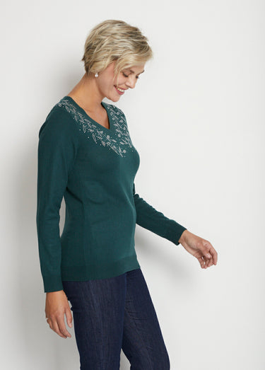 Pull col V strassé manches longues Vert Sapin