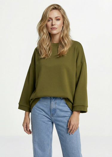 Sweat shirt large col rond, manches 3/4 Vert Olive