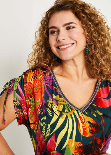 T-shirt motif exotique nouettes épaules Multicolore