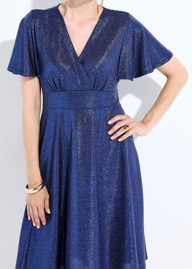 Robe cache-coeur courte brillante manches papillon Bleu Nuit