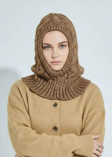 Cagoule chaude en maille tressée chinée Marron