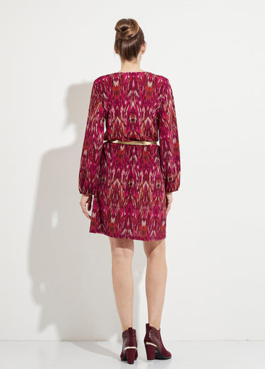 Robe courte imprimée col V manches longues Cassis/Beige