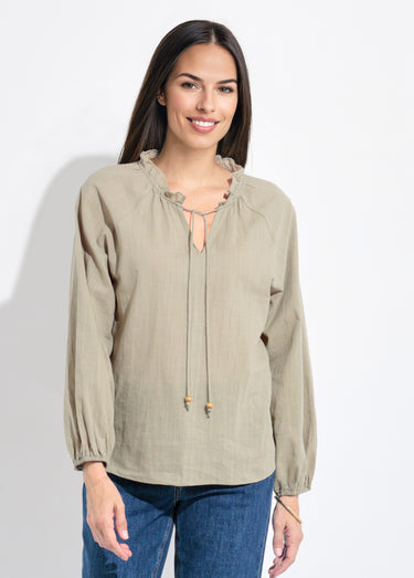 Blouse ample col V fantaisie lien à nouer Kaki
