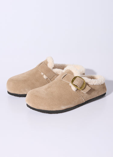 Sabots en cuir suédé, intérieur fourrure Taupe