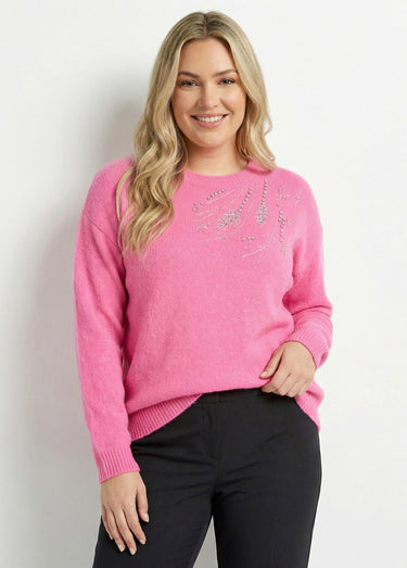 Pull doux col rond avec strass et sequins Rose