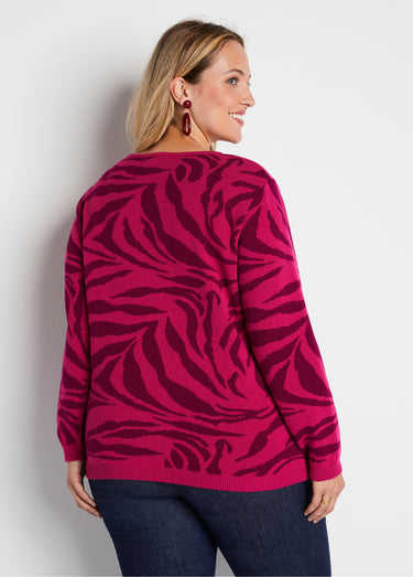 Pull doux jacquard zèbre col rond Fuchsia/Cassis