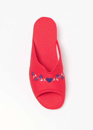 Chaussons mules brodées, talon compensé Rouge