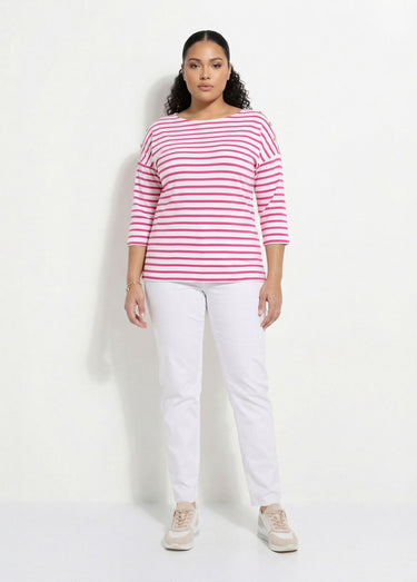 T-shirt marinière rayé manches 3/4 Blanc/Fuchsia