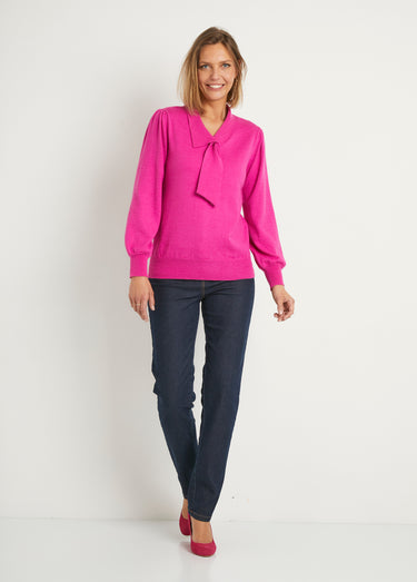 Pull fin col cravate mélange laine Fuchsia