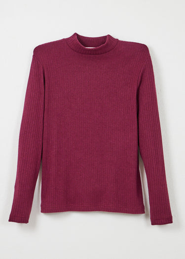 T-shirt col montant maille côtelée manches longues Bordeaux
