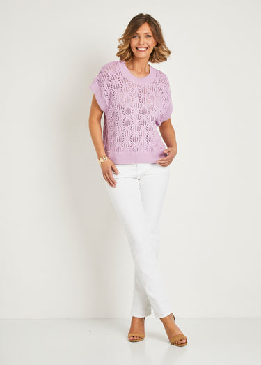 Pull maille ajourée manches courtes Lilas