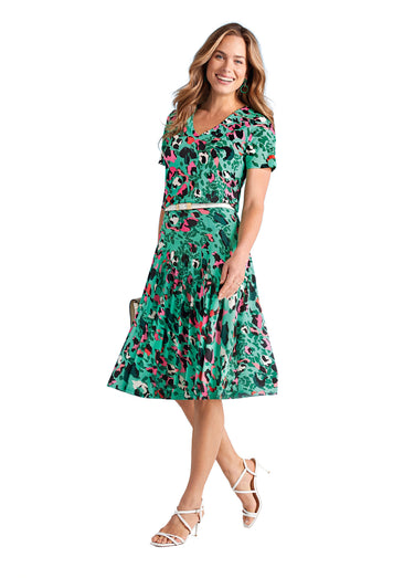Jupe évasée mi-longue motif léopard Vert/Fuchsia