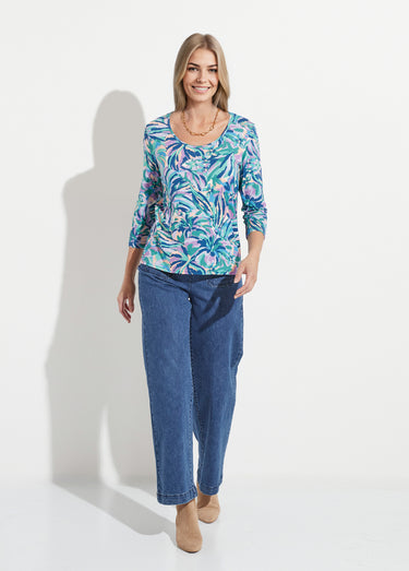T-shirt col rond manches 3/4 imprimé Imprime/Bleu