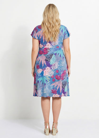 Robe courte évasée col V drapé Bleu/Fuchsia