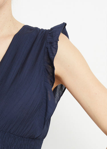Robe longue encolure V + dos nu et liens Marine