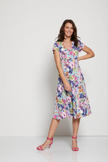 Robe mi-longue évasée col V Aqua/Rose