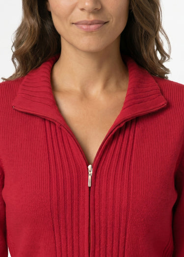 Gilet zippé uni mi-long maille épaisse Framboise