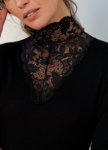 Maillot de corps col montant dentelle manches longues Noir