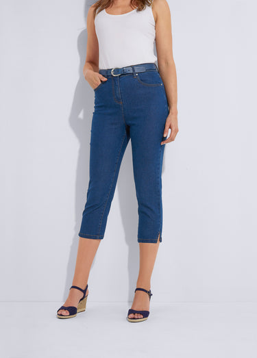 Pantacourt ceinture extensible en jean Bleu