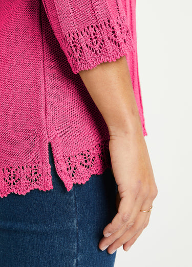 Pull court ajouré col rond Fuchsia