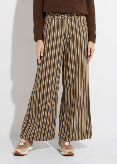 Pantalon très large, denim rayé fantaisie Marron/Beige