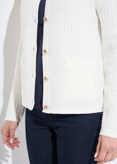 Gilet veste boutonné court maille effet tweed Ecru