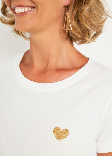 T-shirt col rond broderie coeur poitrine Blanc