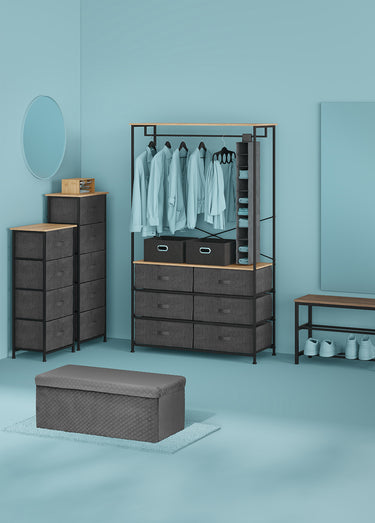 Penderie métal et bois + 6 tiroirs tissu Noir gris bois