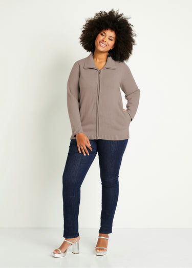 Gilet zippé long uni col montant Taupe