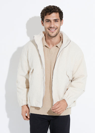 Blouson façon peau lainée, col montant Beige