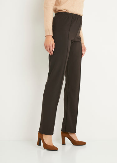 Pantalon droit taille élastiquée maille côtelée Marron