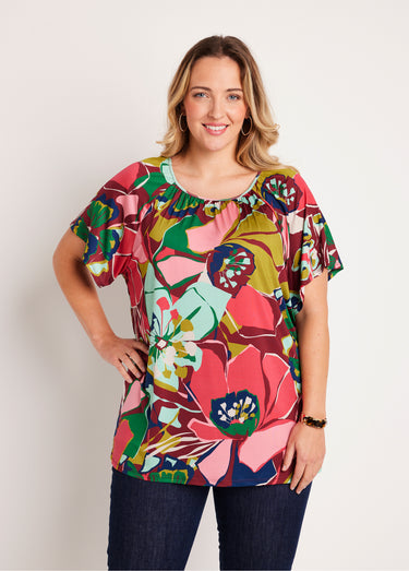 T-shirt long ample uni ou fleuri Rose/Vert