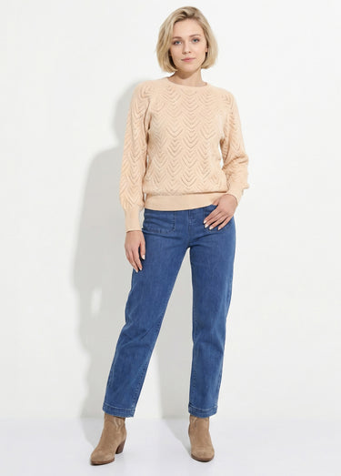 Pull doux court col rond uni ajouré Beige