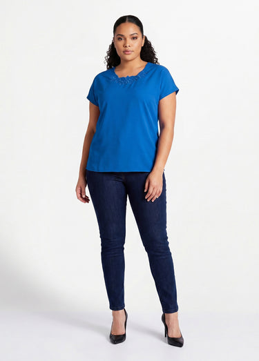 Top long manches courtes broderies col rond Bleu
