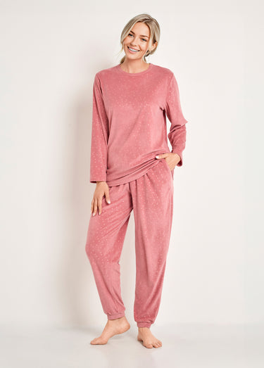 Pyjama pantalon col rond velours embossé pois Rose