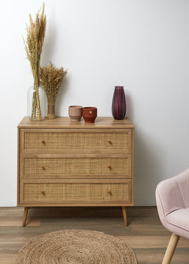 Commode 3 tiroirs, en bois et cannage Marron