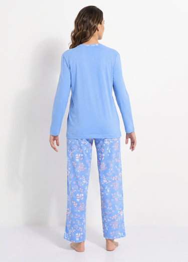Pyjama manches longues coton uni fleuri Imprimé bleu/rose