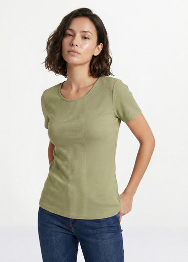 T-shirt coton côtelé col rond Kaki