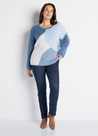 Pull doux colorblock maille poilue Bleu / Écru