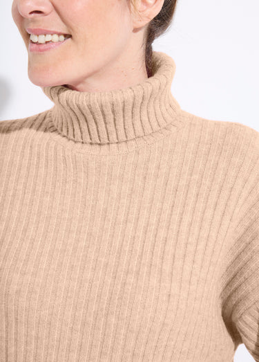 Pull col roulé manches longues descendues Uni Camel