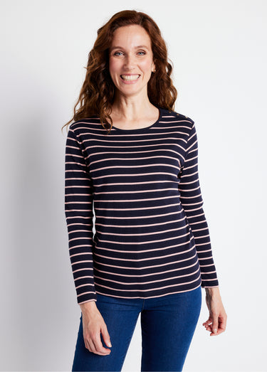T-shirt marinière court coton manches longues Marine/Rose