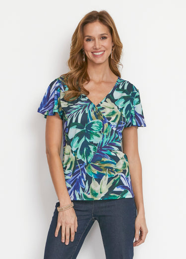 Tee-shirt cache-coeur manches papillon Bleu/Vert